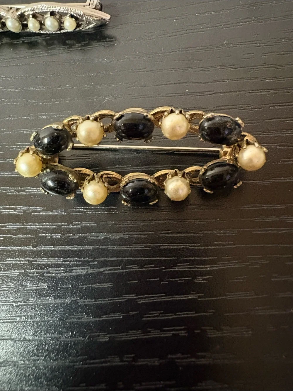 Ornate Brooch Pin Lot Faux Pearl Black Cabochon Floral Filigree